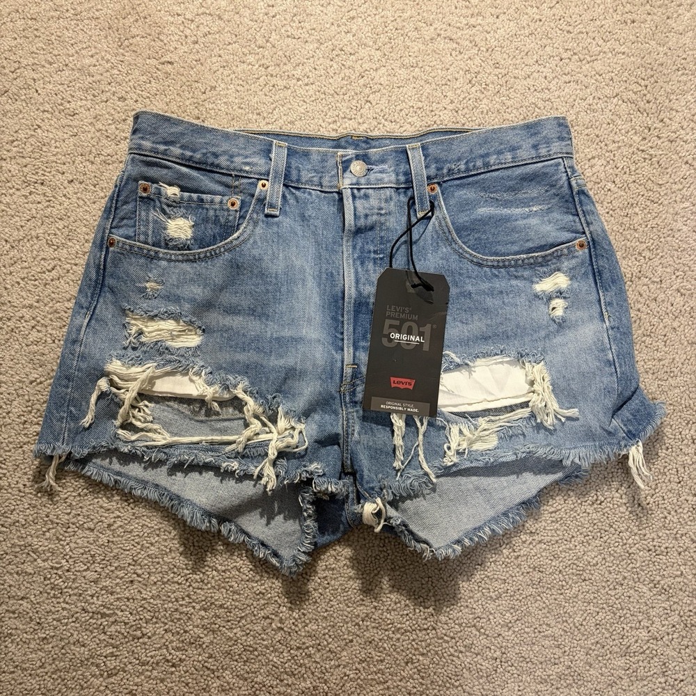 Levi's 501 Denim Shorts Button Fly Distressed Ripped Women's 30 W30 NWT New